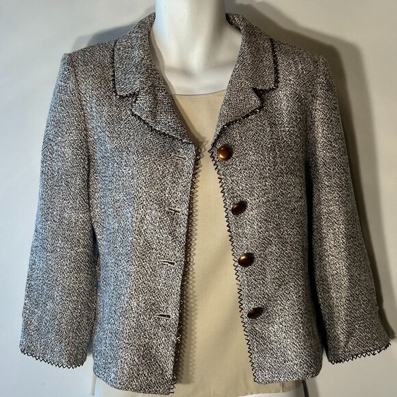 Banu Paris SZ 8 Brown Tweed Metal Trim Wool Blazer Academia Preppy Old $ Capsule - Picture 2 of 9